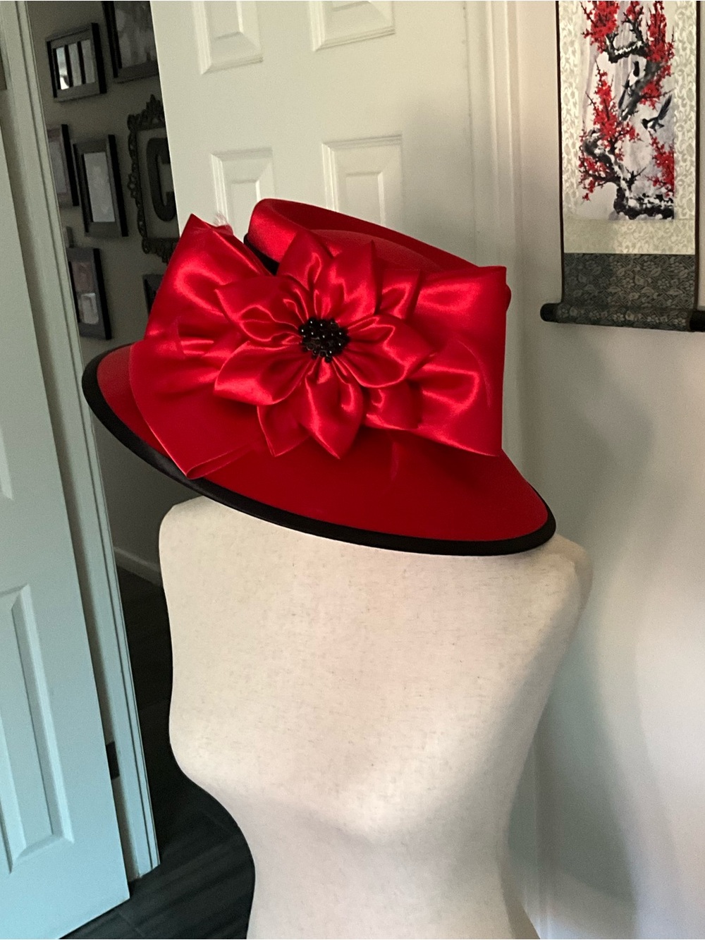 Red Satin Statement Flower Tilt Hat - Women Accessories